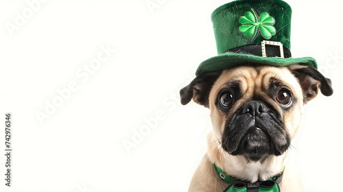 Cute dogs with leprechaun hats on white background, banner design