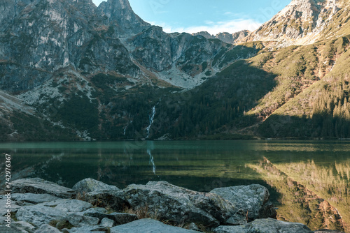 Tatra National Park in Poland. Famous mountains lake Morskie oko or sea eye lake In High Tatras. Five lakes valley. High quality photo