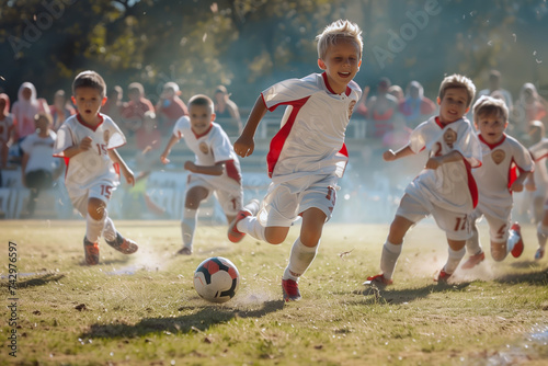 Boys playing football soccer game in a school tournament. Soccer players chase soccer ball. Sports match for children. Dynamic, action picture of kids competing while playing football