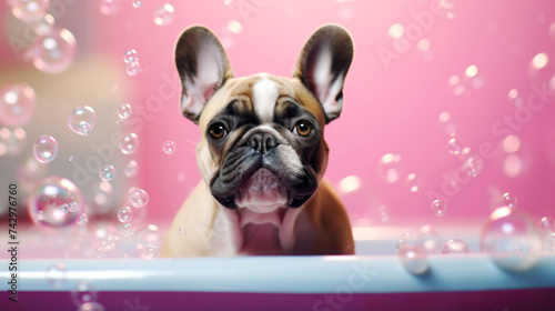 Portrait of a cute French Bulldog taking a bath