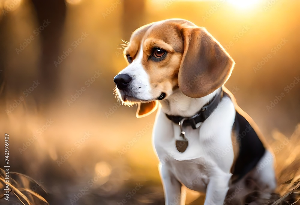 Beagle Dog Portrait On Sunshine Background In Nature