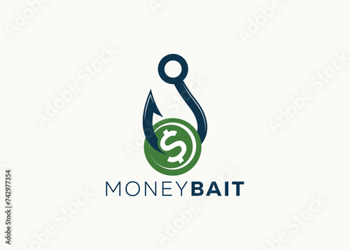 Money on the fishing hook logo design vector template. Fishing hook and money vector illustration
