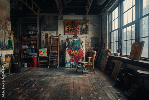 Sunlit Artist Studio Interior with Easel and Paintings – Creative Workspace Loft with Natural Light