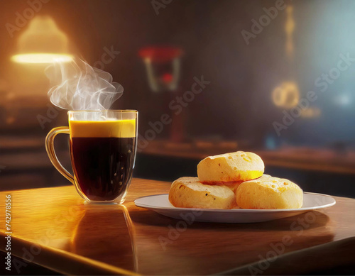 Uma xícara de vidro com café quente e um prato com biscoitos de queijo sobre mesa de cafeteria.