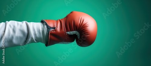 Hand in boxing glove kicking cigarette on green background. photo
