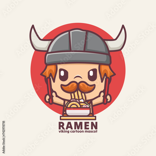 Cute viking cartoon mascot with ramen japanese noodle