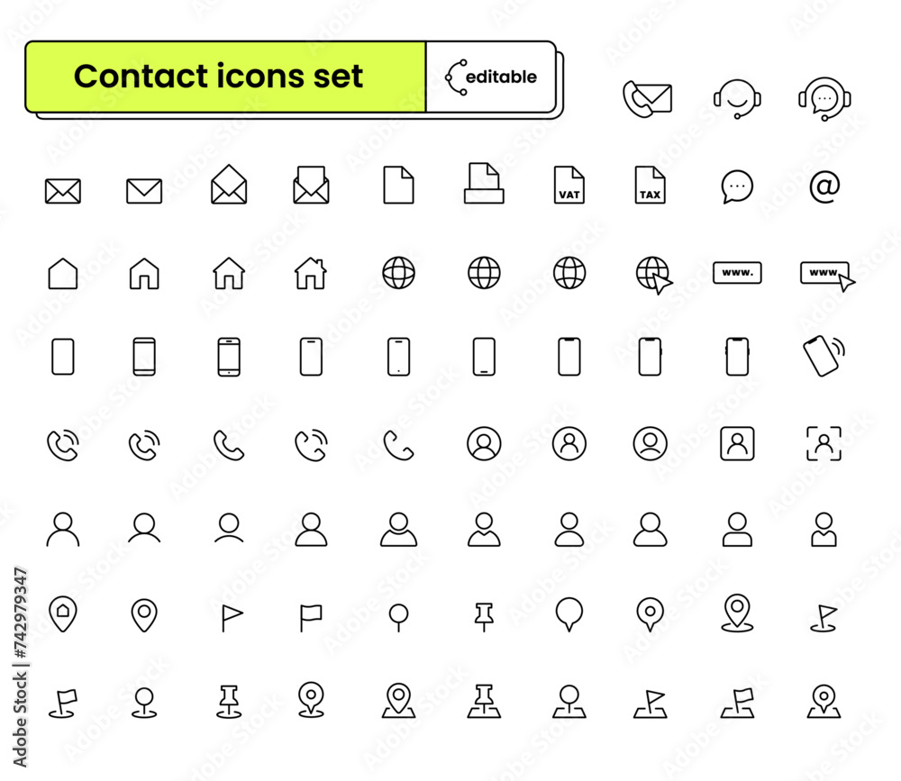 Set of editable icons: contact and business card icons (address ...