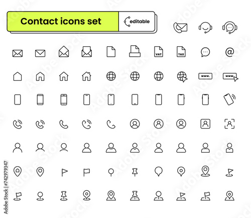 Set of editable icons: contact and business card icons (address, contact, phone, email, pin, spot, website, id, map, avatar, person) (ID: 742979347)