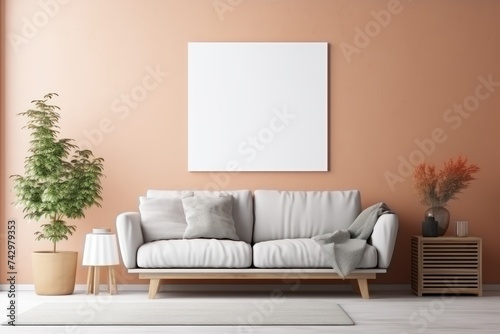 Copy Space. mockup blank white poster frame on wall with furniture in living room interior at house background. picture frame, interior design, architecture, interior design, home decoration concept