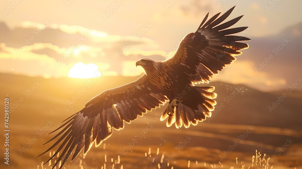 Obraz premium Majestic eagle in flight against golden sunset sky over rolling hills