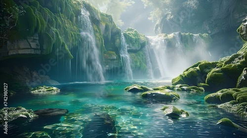 Enchanted tropical waterfalls and lush greenery in a serene landscape