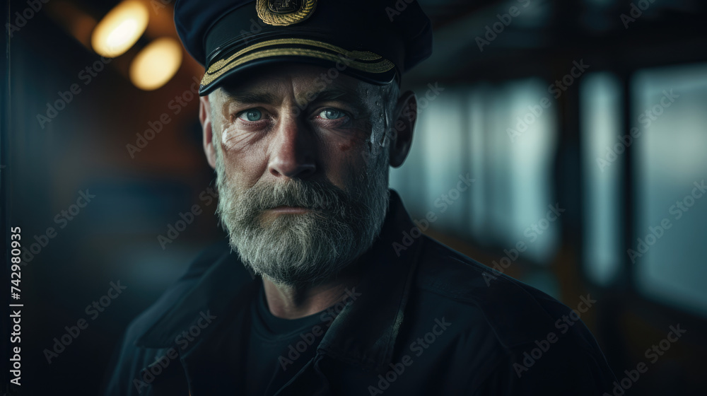 Portrait of a handsome sailor over black background. Shipping.