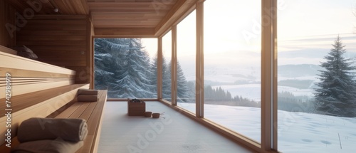 Elegant sauna interior with large windows overlooking a snowy mountain range  embodying luxury  warmth  and a connection to the winter wilderness