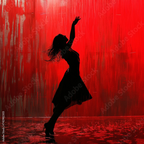 Red Rim Light Dance: Woman's Silhouette in the Rain 