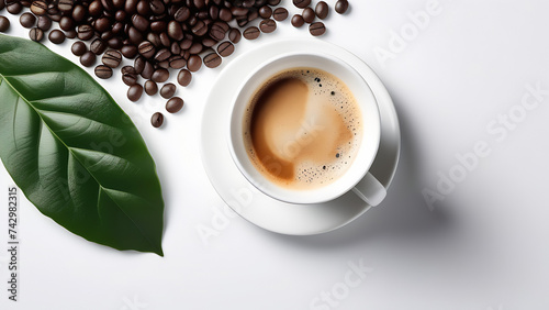 Hot espresso in white cup and coffee beans on the light background, morning routine, poster, top view, close up