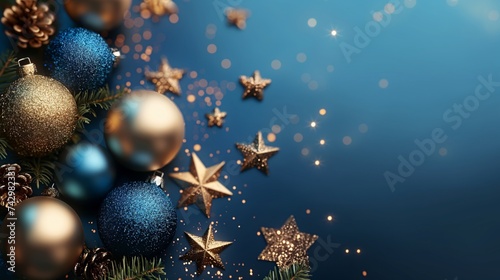 Gold Christmas decor with stars, in the style of high detailed, dark sky-blue and light beige, hyperrealistic rendering, innovative page design, common Christmas materials, dark green and sky-blue. photo