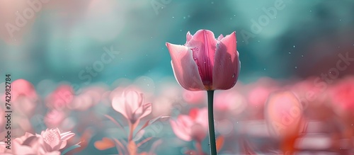 A pink tulip stands out in a field of pink flowers. The vibrant pink colors add a pop of brightness against a flat background.