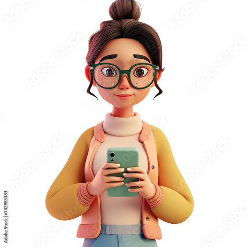 A cute girl is holding a smartphone in her hands. White background, 3D style.
