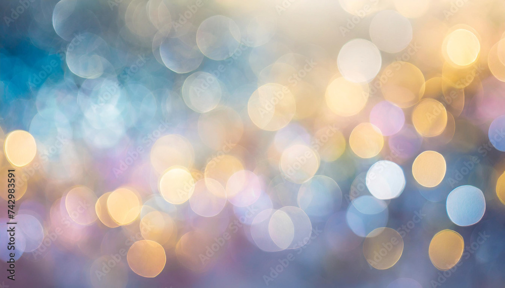 Abstract blur bokeh banner: Vibrant rainbow hues blend in pastel purple, blue, gold yellow, and white creating a mesmerizing backdrop