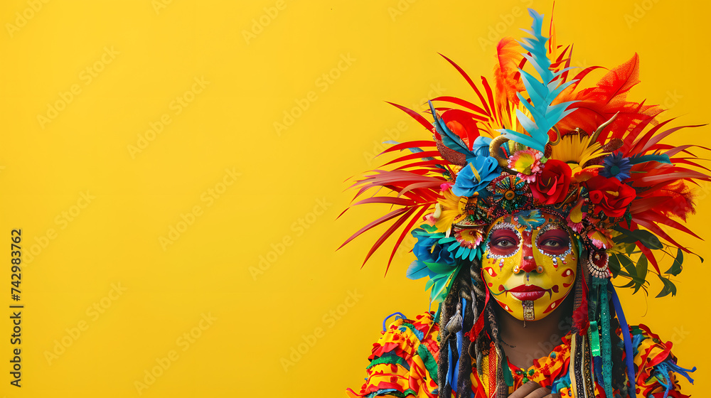 Woman wearing a colorful carnival costume with elaborate headpiece and mask on a yellow background. Carnival concept. Copy space for text. - obrazy, fototapety, plakaty 