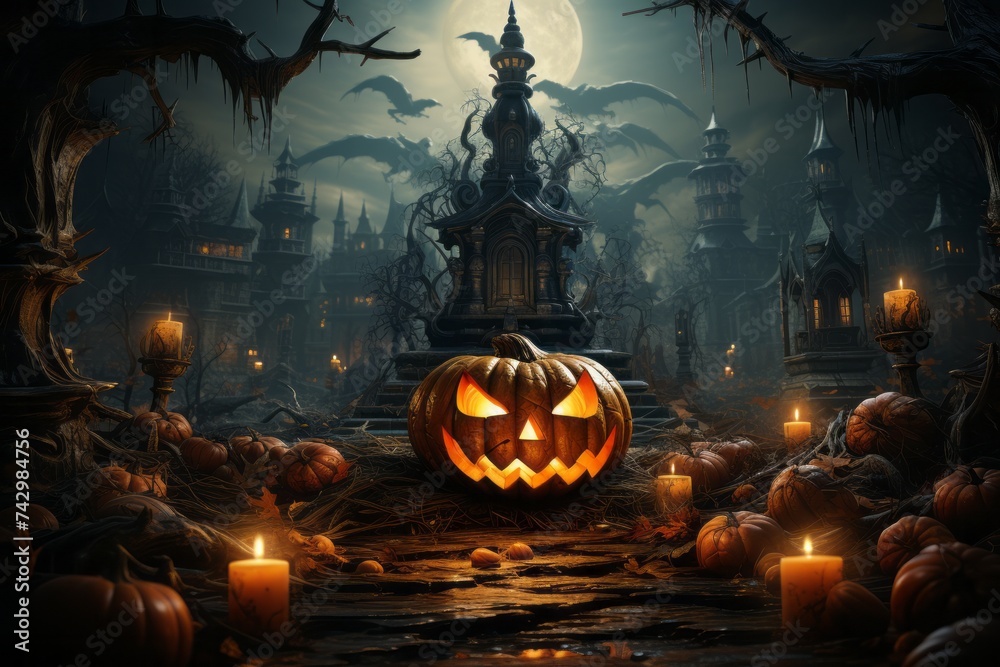 a pumpkin with a face carved into it is surrounded by pumpkins and candles in a cemetery - obrazy, fototapety, plakaty 