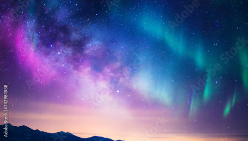 fantasy starry night sky in vibrant blue and purple hues  featuring galaxies and auroras