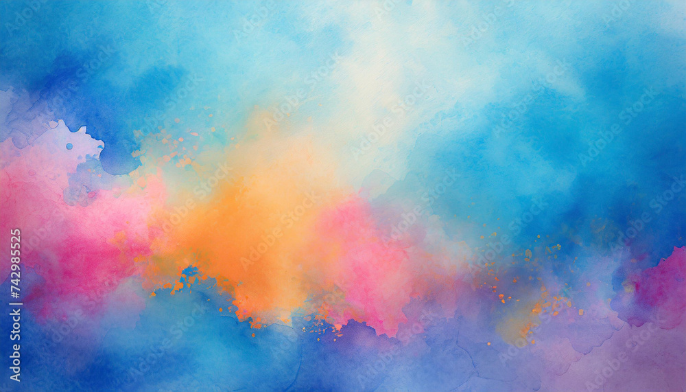 Vibrant blue watercolor backdrop with lively orange-pink borders and a radiant center, ideal for creative projects and presentations