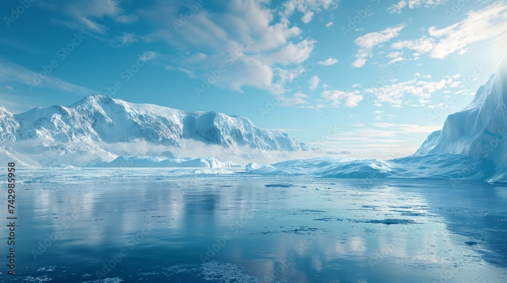 Polar landscape in Antarctica with icebergs and ocean