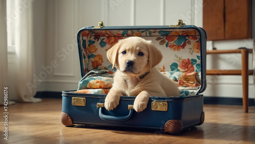 Cute dog with a suitcase in the apartment