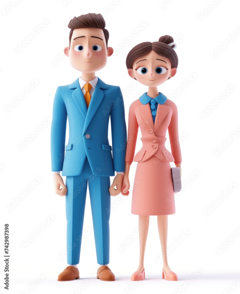 Colleagues in business clothes stand together. White background, 3D style.
Colleagues in business clothes stand together. White background, 3D style.