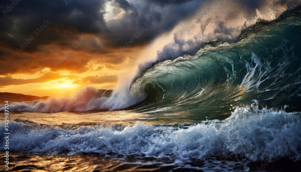 tsunami waves crash under stormy skies, symbolizing power and chaos. Perfect Storm scenario captured in breathtaking sunset