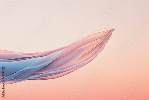 Abstract image of floating colorful fabric creating a dynamic and ethereal wave pattern against a pink gradient sky