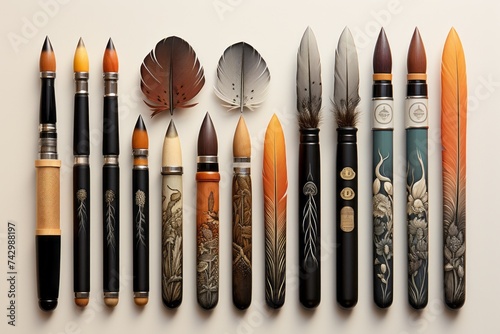 a bunch of brushes and a feather are lined up on a table © Yuchen Dong
