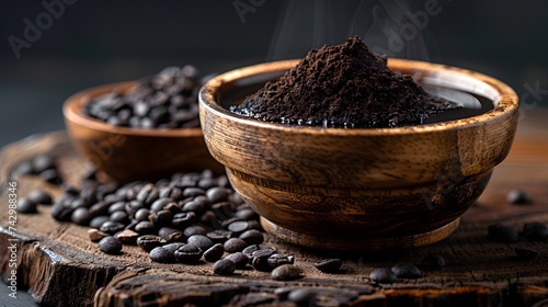 
large glass cup with hot liquid shilajit on a table background photo