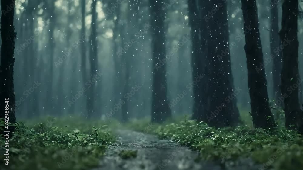 Raining in forest, ambient nature video, stock video, 4k animated seamless loop,  seamless looping overlay 4k virtual video animation background, rain ambience, seamless ambience, 4k raining ambience