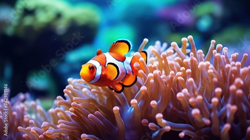 Beautiful clownfish with coral reef in the underwater sea. Concept of underwater life with beautiful view.