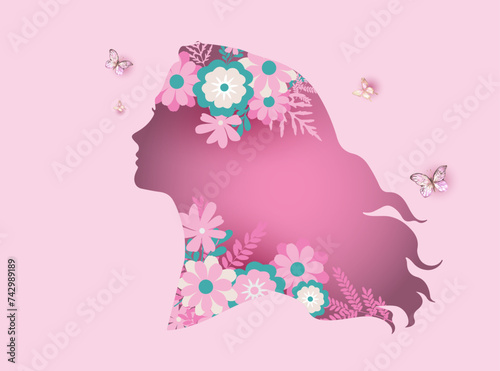 International Women's Day 8 march with frame of beautiful girl silhouette flower and leaves