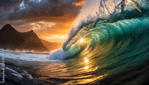 sunset illuminates ocean depths, highlighting majestic wave, evoking tranquility and wonder