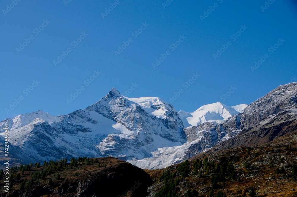 Wandern auf dem Bernina Hospitz in den Schweizer Alpen. Tourist-attraction: Trekking in the Swiss Alps on Bernina Hospitz