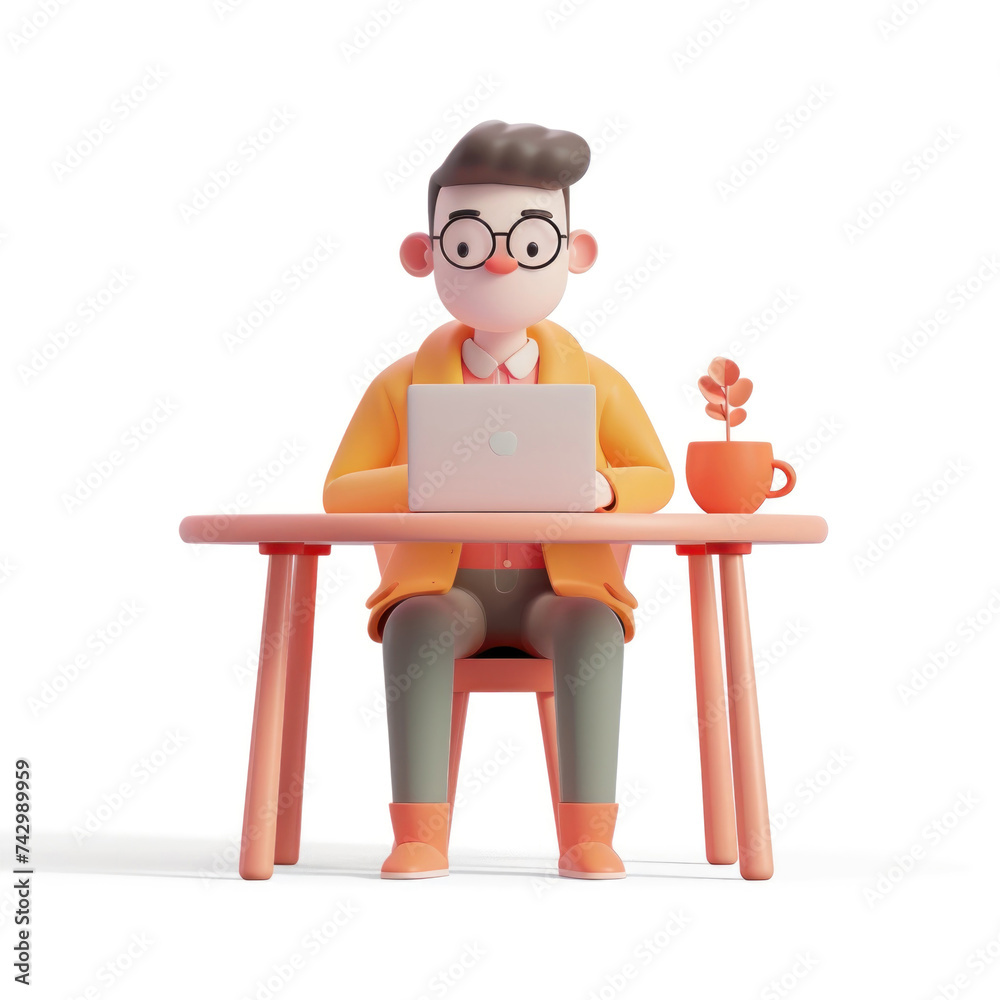 A man sits at a table and works at a laptop against a white background in 3D style
A man sits at a table and works at a laptop against a white background in 3D style