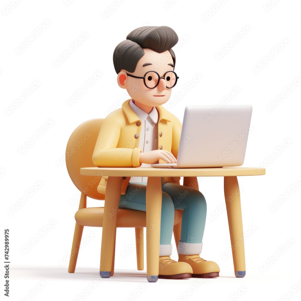 A man sits at a table and works at a laptop against a white background in 3D style
A man sits at a table and works at a laptop against a white background in 3D style