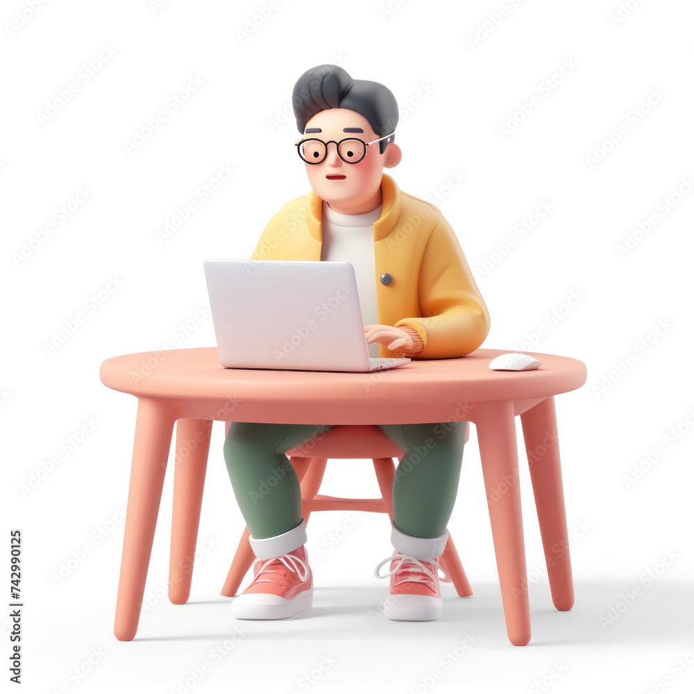 A man sits at a table and works at a laptop against a white background in 3D style
A man sits at a table and works at a laptop against a white background in 3D style