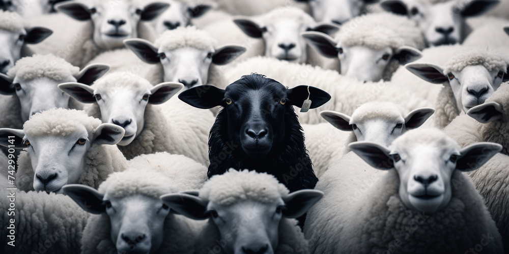 One black sheep in a flock of white sheep, A black sheep surround with