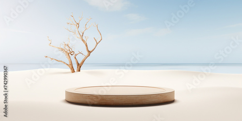 Minimalistic Beauty Embracing Tranquility with a Beige Podium and Dry Twigs on a Serene White Sand ,Product Placement Tropical Sand Background With 3d Rendered Beige White Podium © Muhammad