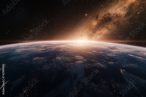 A grand view of Earth with the Milky Way galaxy in the background, emphasizing our place in the universe. 8k