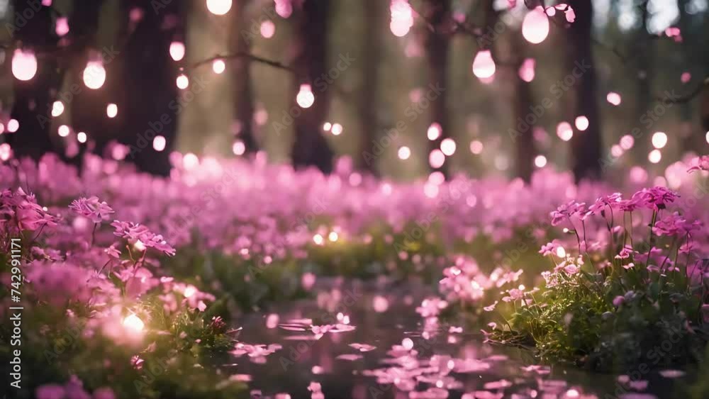 Enchanted fantasy forest with floating glowing fairy lights. Atmospheric, ambient, created with generative ai, seamless looping, 4k, looping, ambient video animation, ambient, bokeh floating ai 
