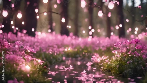 Enchanted fantasy forest with floating glowing fairy lights. Atmospheric, ambient, created with generative ai, seamless looping, 4k, looping, ambient video animation, ambient, bokeh floating ai  photo