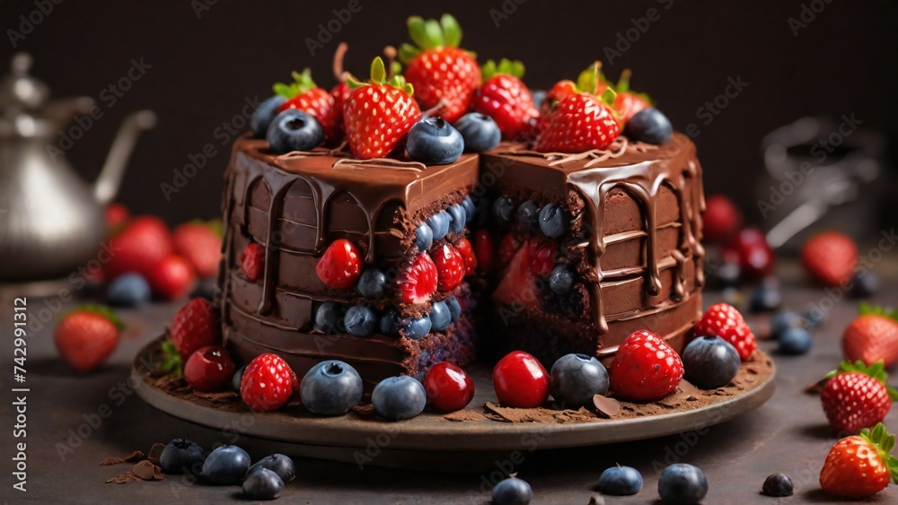 Chocolate cake with cherry,blueberry.blueberry cake.cherry cake.strawberrycake.