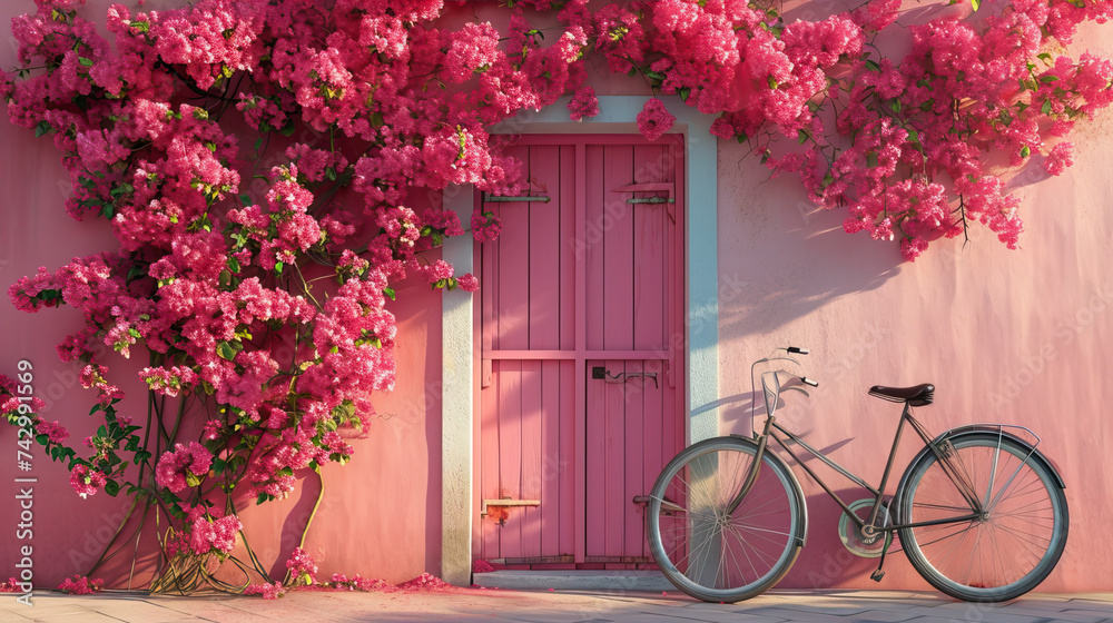 Entrance to a pink house near which there is a flowering tree and a bicycle
 - obrazy, fototapety, plakaty 