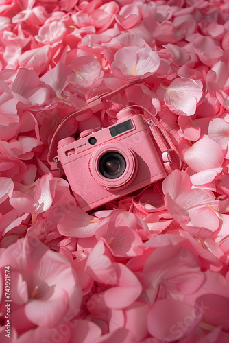 Light pink vintage style photo camera on light pink rose petals. Photography concept.